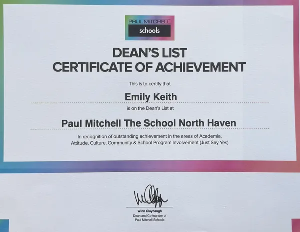 Dean's list certificate for Emily Keith